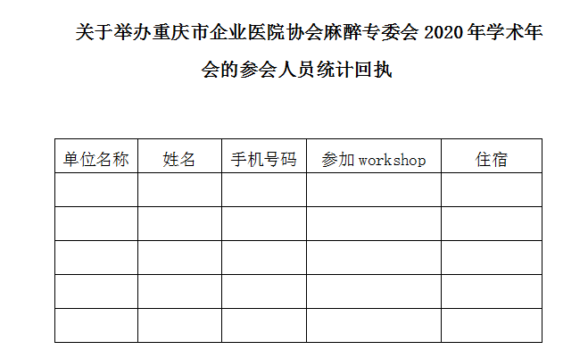 二輪通知｜重慶市企業(yè)醫(yī)院協(xié)會麻醉專委會2020年學(xué)術(shù)年會-報名回執(zhí)